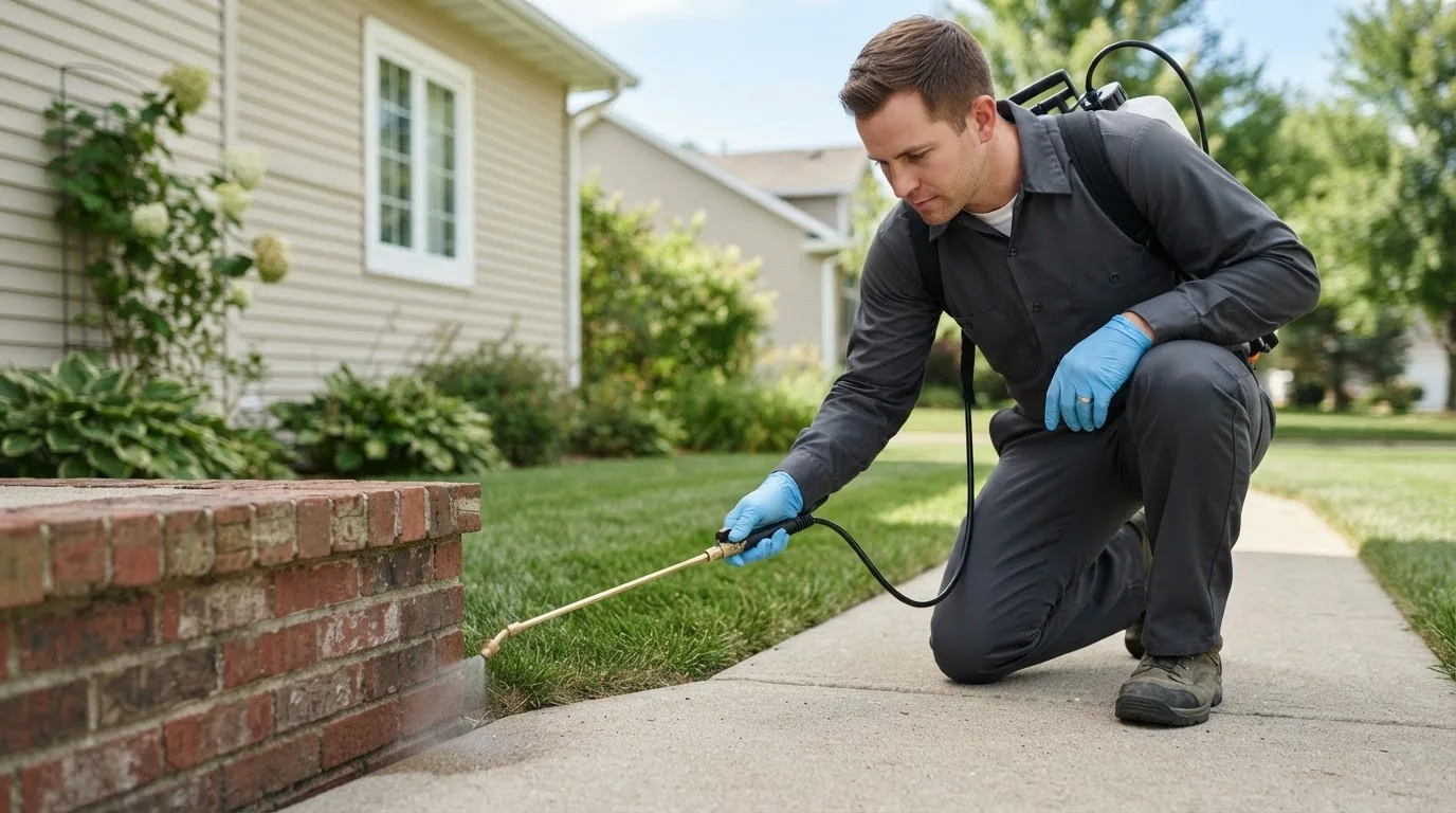 Pest control technician treating a home near Killdeer, ND