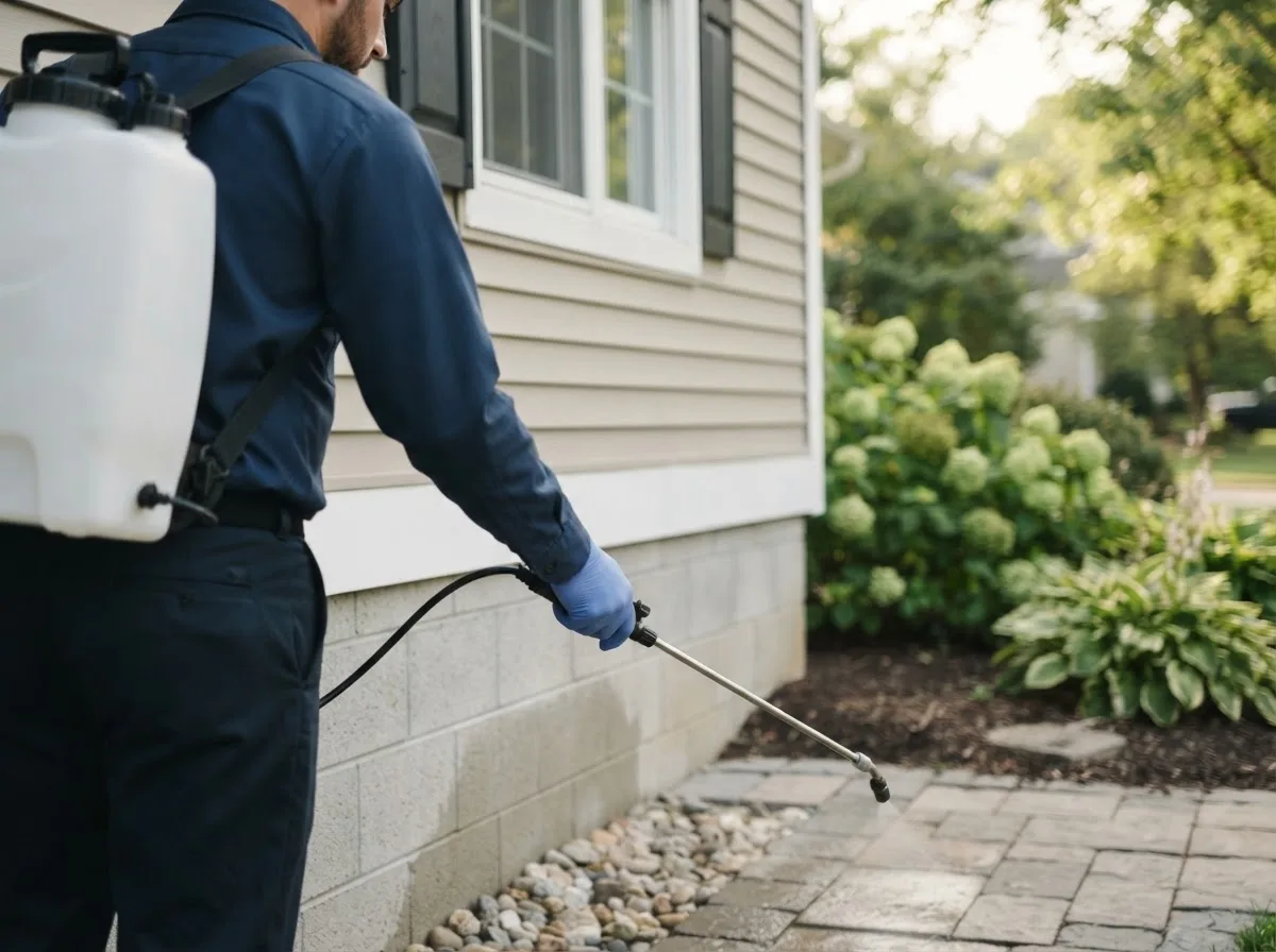 Pest control technician inspecting a home in Killdeer, ND